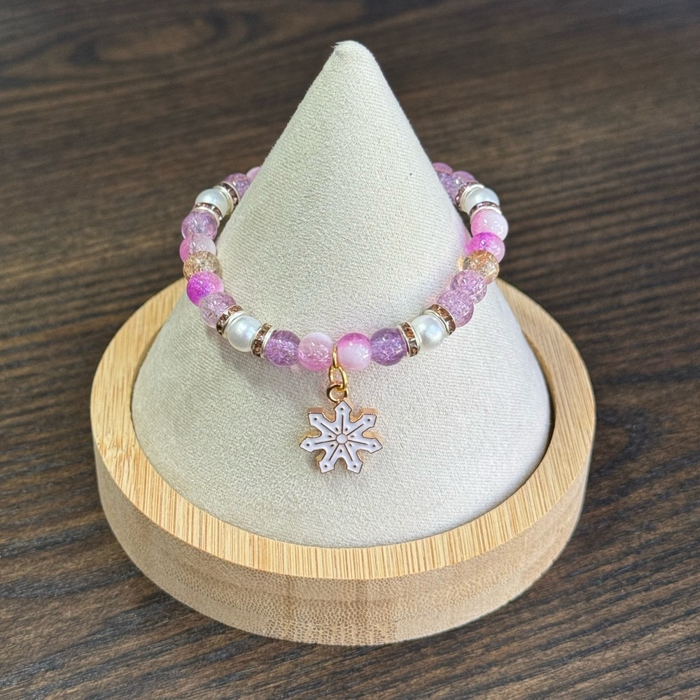 Chic Pink Beaded Bracelet with Snowflake Charm Christmas Gift Purple White